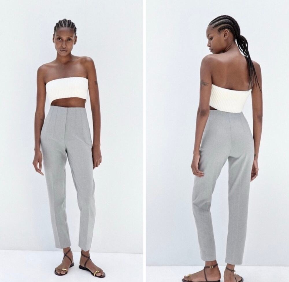 Zara Gray High Rise Trousers XS Pintuck Seam Front Work Office Minimalist